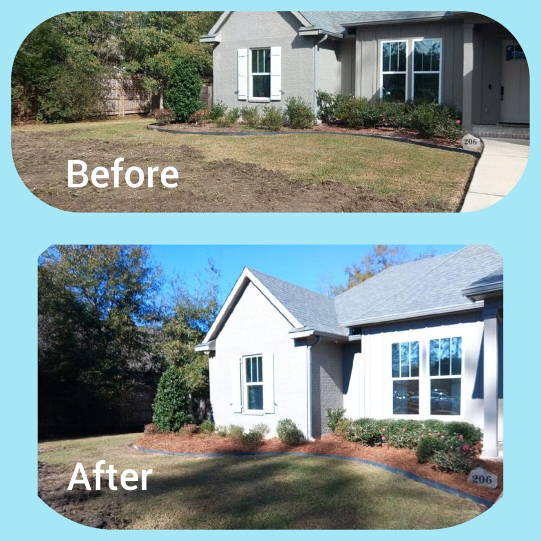 Before and after photos of a home landscaping transformation.