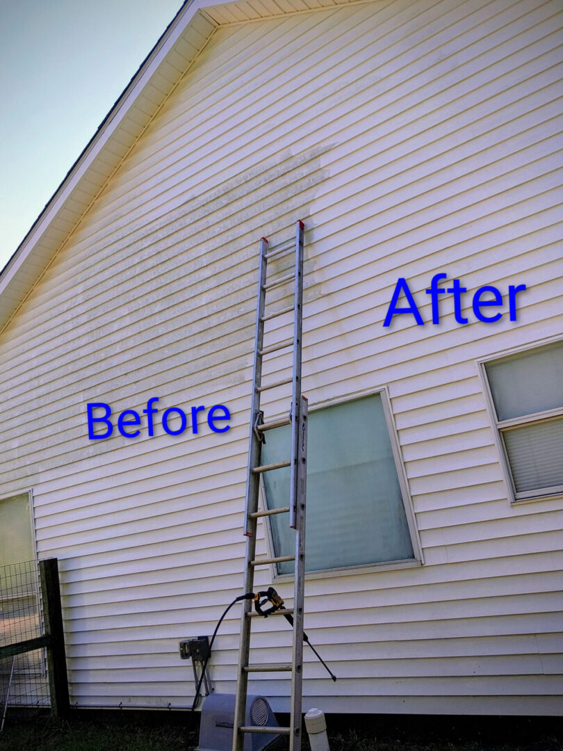 House siding cleaned, showing stark contrast between before and after.