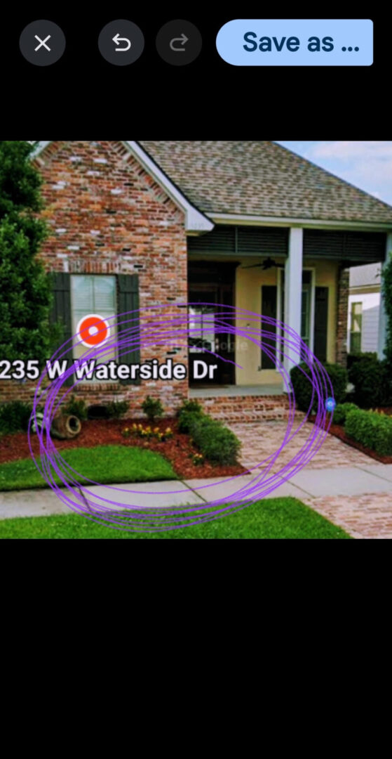 Front yard of a brick house with purple chalk circles on the sidewalk.