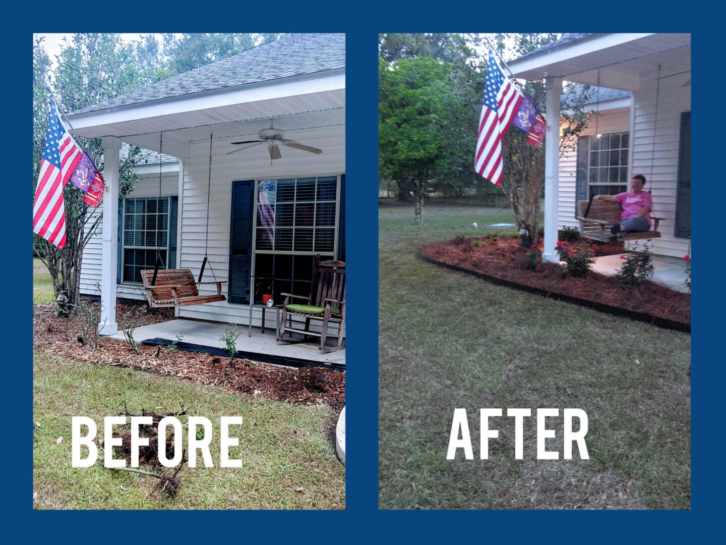 Before and after images of a renovated front porch and yard.