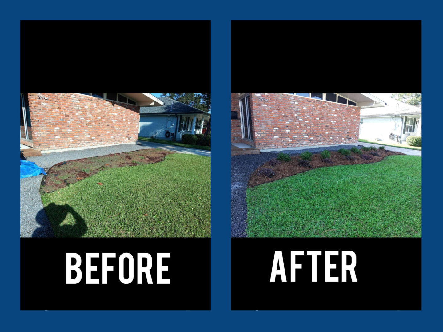 Before and after photos of a lawn with enhanced grass.